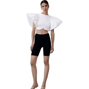 (NWOT) ZARA White Ruffled Crop Top | Puff Bell Sleeves Ruched Hem | Size Small​